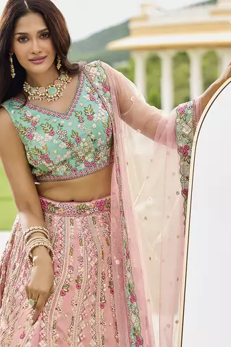 Pink- Tissue Fabric Sequins embroidery Lehenga & Unstitched Blouse With Dupatta