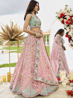 Pink- Tissue Fabric Sequins embroidery Lehenga & Unstitched Blouse With Dupatta 5