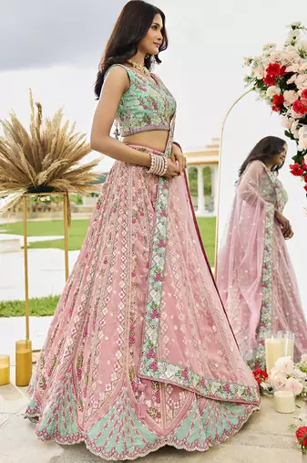 Pink- Tissue Fabric Sequins embroidery Lehenga & Unstitched Blouse With Dupatta