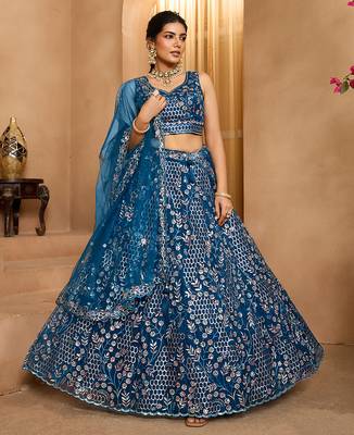 Navyblue- Net Fabric Sequins embroidery Semi-Stitched Lehenga & Unstitched Blouse With Dupatta 1