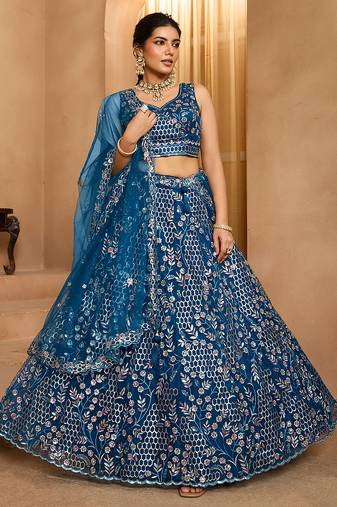 Navyblue- Net Fabric Sequins embroidery Semi-Stitched Lehenga & Unstitched Blouse With Dupatta