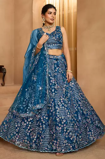 Navyblue- Net Fabric Sequins embroidery Semi-Stitched Lehenga & Unstitched Blouse With Dupatta