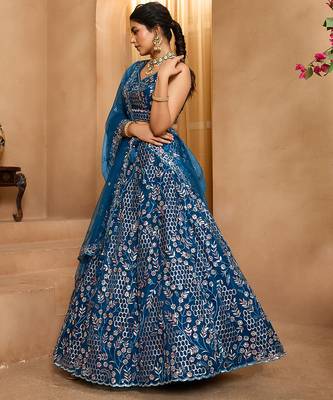 Navyblue- Net Fabric Sequins embroidery Semi-Stitched Lehenga & Unstitched Blouse With Dupatta 2