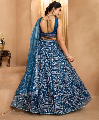 Navyblue- Net Fabric Sequins embroidery Semi-Stitched Lehenga & Unstitched Blouse With Dupatta 3