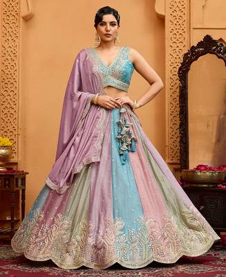 Peach- Georgette Fabric Sequins embroidery Semi-Stitched Lehenga & Unstitched Blouse With Dupatta 1