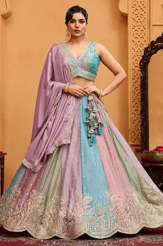 Peach- Georgette Fabric Sequins embroidery Semi-Stitched Lehenga & Unstitched Blouse With Dupatta