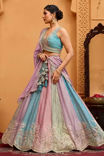 Peach- Georgette Fabric Sequins embroidery Semi-Stitched Lehenga & Unstitched Blouse With Dupatta