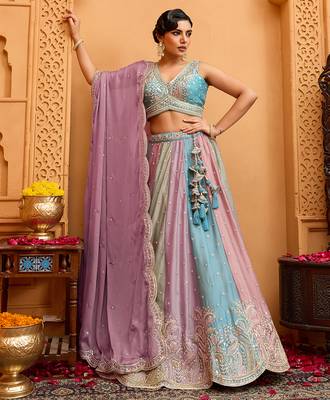 Peach- Georgette Fabric Sequins embroidery Semi-Stitched Lehenga & Unstitched Blouse With Dupatta 3