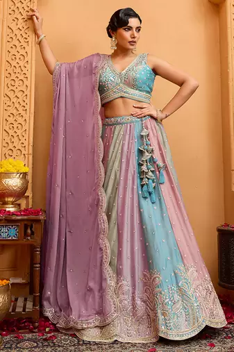 Peach- Georgette Fabric Sequins embroidery Semi-Stitched Lehenga & Unstitched Blouse With Dupatta