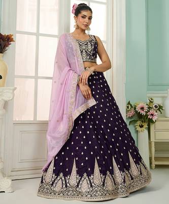 Purple- Organza Fabric Sequins embroidery Semi-Stitched Lehenga & Unstitched Blouse With Dupatta 1