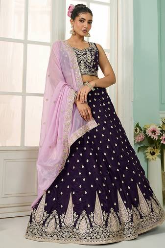 Purple- Organza Fabric Sequins embroidery Semi-Stitched Lehenga & Unstitched Blouse With Dupatta