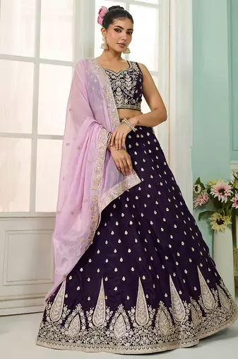 Purple- Organza Fabric Sequins embroidery Semi-Stitched Lehenga & Unstitched Blouse With Dupatta