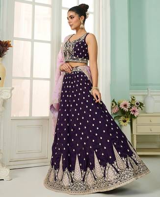 Purple- Organza Fabric Sequins embroidery Semi-Stitched Lehenga & Unstitched Blouse With Dupatta 2