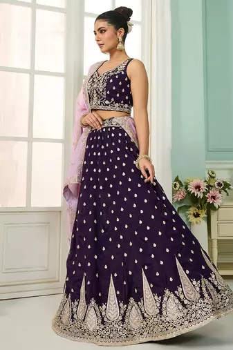 Purple- Organza Fabric Sequins embroidery Semi-Stitched Lehenga & Unstitched Blouse With Dupatta