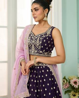 Purple- Organza Fabric Sequins embroidery Semi-Stitched Lehenga & Unstitched Blouse With Dupatta 3