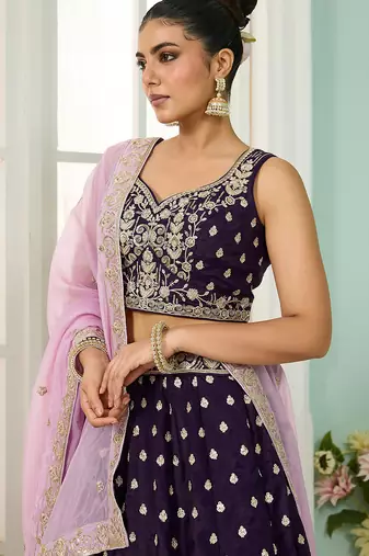 Purple- Organza Fabric Sequins embroidery Semi-Stitched Lehenga & Unstitched Blouse With Dupatta