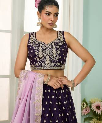 Purple- Organza Fabric Sequins embroidery Semi-Stitched Lehenga & Unstitched Blouse With Dupatta 4