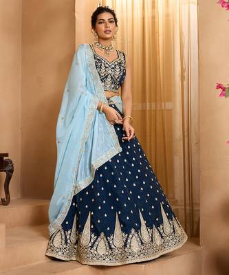 Navyblue- Organza Fabric Sequins embroidery Semi-Stitched Lehenga & Unstitched Blouse With Dupatta 1