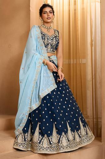 Navyblue- Organza Fabric Sequins embroidery Semi-Stitched Lehenga & Unstitched Blouse With Dupatta