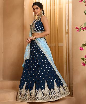 Navyblue- Organza Fabric Sequins embroidery Semi-Stitched Lehenga & Unstitched Blouse With Dupatta 2