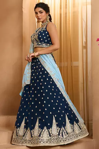 Navyblue- Organza Fabric Sequins embroidery Semi-Stitched Lehenga & Unstitched Blouse With Dupatta