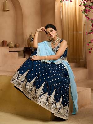 Navyblue- Organza Fabric Sequins embroidery Semi-Stitched Lehenga & Unstitched Blouse With Dupatta 3