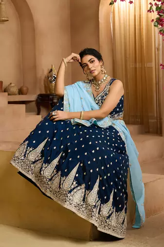 Navyblue- Organza Fabric Sequins embroidery Semi-Stitched Lehenga & Unstitched Blouse With Dupatta