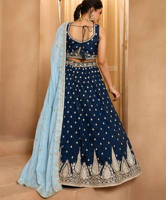 Navyblue- Organza Fabric Sequins embroidery Semi-Stitched Lehenga & Unstitched Blouse With Dupatta 4
