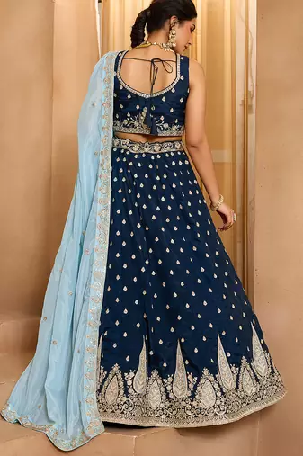 Navyblue- Organza Fabric Sequins embroidery Semi-Stitched Lehenga & Unstitched Blouse With Dupatta