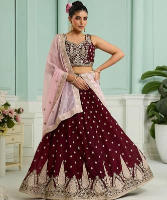 Maroon- Organza Fabric Sequins embroidery Semi-Stitched Lehenga & Unstitched Blouse With Dupatta 1