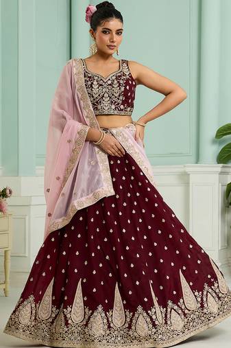 Maroon- Organza Fabric Sequins embroidery Semi-Stitched Lehenga & Unstitched Blouse With Dupatta