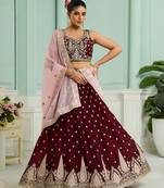 Maroon- Organza Fabric Sequins embroidery Semi-Stitched Lehenga & Unstitched Blouse With Dupatta