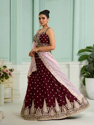 Maroon- Organza Fabric Sequins embroidery Semi-Stitched Lehenga & Unstitched Blouse With Dupatta 2