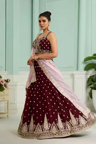 Maroon- Organza Fabric Sequins embroidery Semi-Stitched Lehenga & Unstitched Blouse With Dupatta