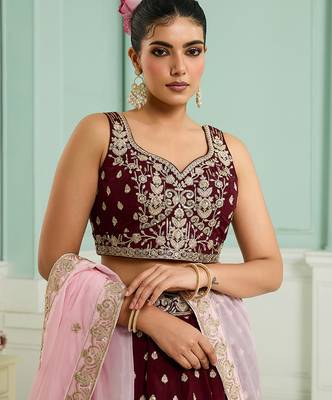 Maroon- Organza Fabric Sequins embroidery Semi-Stitched Lehenga & Unstitched Blouse With Dupatta 3
