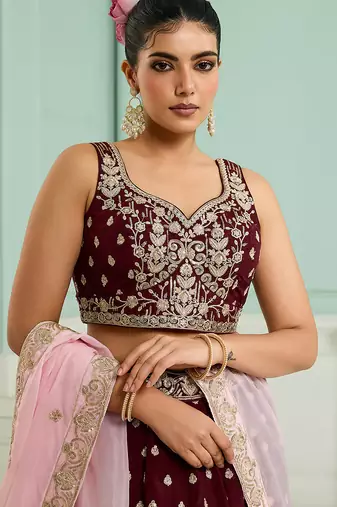 Maroon- Organza Fabric Sequins embroidery Semi-Stitched Lehenga & Unstitched Blouse With Dupatta