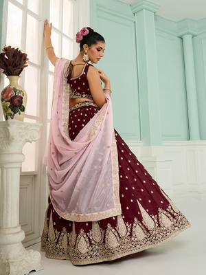 Maroon- Organza Fabric Sequins embroidery Semi-Stitched Lehenga & Unstitched Blouse With Dupatta 4