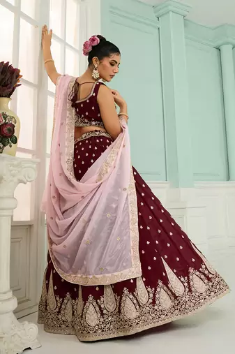 Maroon- Organza Fabric Sequins embroidery Semi-Stitched Lehenga & Unstitched Blouse With Dupatta