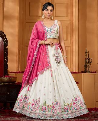 Cream- Silk Fabric Sequins embroidery Lehenga & Unstitched Blouse With Dupatta 1