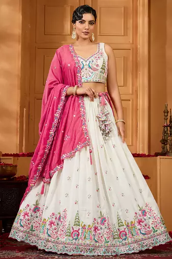 Cream- Silk Fabric Sequins embroidery Semi-Stitched Lehenga & Unstitched Blouse With Dupatta