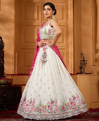Cream- Silk Fabric Sequins embroidery Lehenga & Unstitched Blouse With Dupatta 2