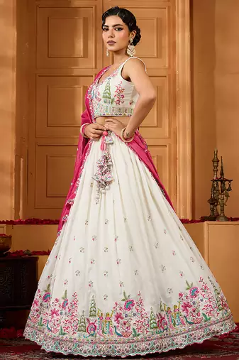 Cream- Silk Fabric Sequins embroidery Lehenga & Unstitched Blouse With Dupatta