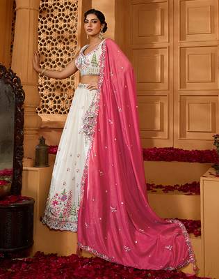 Cream- Silk Fabric Sequins embroidery Lehenga & Unstitched Blouse With Dupatta 3