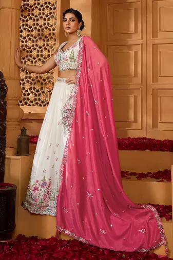 Cream- Silk Fabric Sequins embroidery Lehenga & Unstitched Blouse With Dupatta