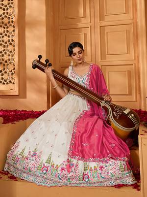 Cream- Silk Fabric Sequins embroidery Lehenga & Unstitched Blouse With Dupatta 4