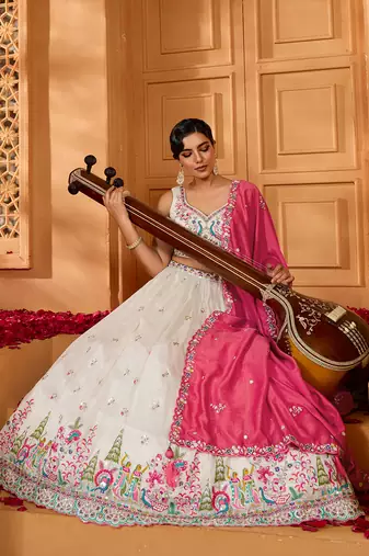 Cream- Silk Fabric Sequins embroidery Lehenga & Unstitched Blouse With Dupatta