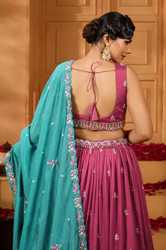 Rosegold- Silk Fabric Sequins embroidery Lehenga & Unstitched Blouse With Dupatta