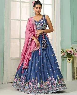 Blue- Silk Fabric Sequins embroidery Semi-Stitched Lehenga & Unstitched Blouse With Dupatta 1