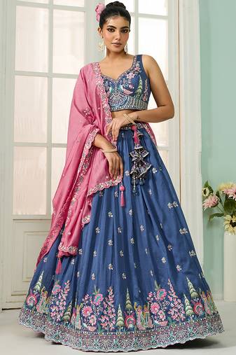Blue- Silk Fabric Sequins embroidery Semi-Stitched Lehenga & Unstitched Blouse With Dupatta