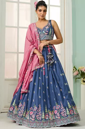 Blue- Silk Fabric Sequins embroidery Semi-Stitched Lehenga & Unstitched Blouse With Dupatta